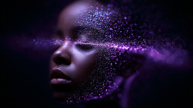 Black Woman Face Dissolving into Glowing Purple Digital Particles