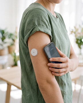 Woman using smartphone application to scan continuous glucose monitoring continuous glucose sensor on arm