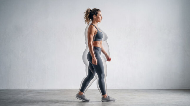 Side view photo composition showing weight loss transformation from overweight silhouette to fit athletic woman