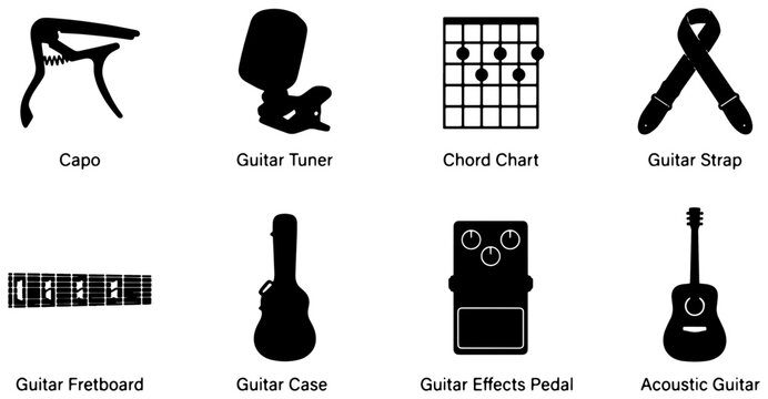 Guitar Accessories Icon Set: Capo, Tuner, Chord Chart, Strap, Fretboard, Case, Effects Pedal, Acoustic Guitar, Music Gear, Vector Graphics for Musicians