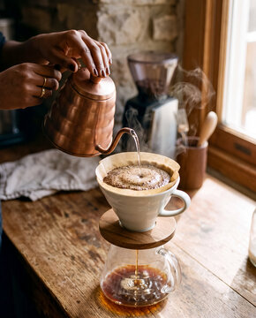 Pouring hot water from copper kettle over ground coffee in pour over filter drip maker