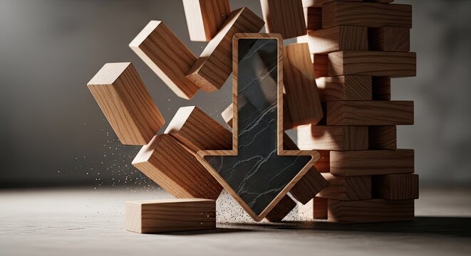 Dark arrow impacting stacked wooden blocks sideways.