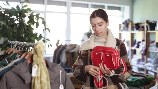 Fashionista Armenian woman client near showcase examine goods, is busy choosing handbag. Client enjoys shopping for clothes at store browsing through colorful on display racks