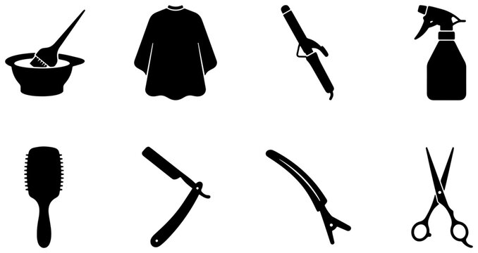Hair Salon Icons, 8 Black Vector Graphics for Hairstyling Tools and Accessories, Professional Barber Shop Equipment Set