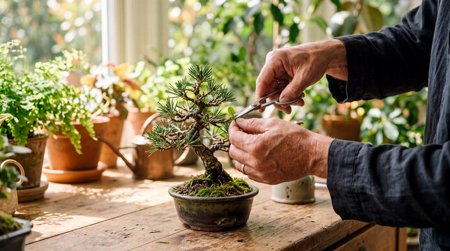 Hands trimming bonsai tree leaves with pruner shears indoors in bright room garden