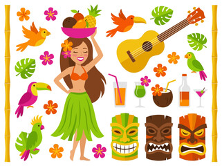 Tropical Hawaiian Luau Party Vector Elements Set: Hula Girl, Tiki Masks, Exotic Birds, Cocktails, and Ukulele © Rnb