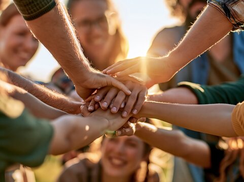 Group of friends joining hands under sunlight during outdoor gathering in warm season