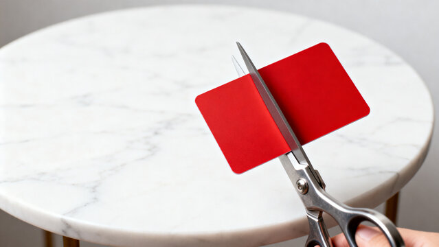 Scissors cutting a red plastic credit card in half to represent financial freedom or debt reduction