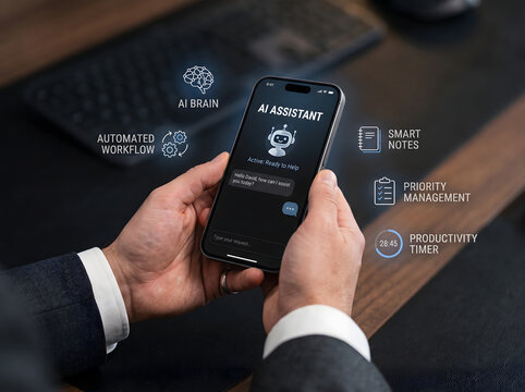 Businessman holding smartphone with AI assistant application and holographic productivity icons like automated workflow and smart notes on dark desk