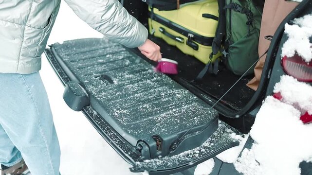 Close-up of a person clearing fresh white snow off an automobile front window and wipers after blizzard. Winter vehicle maintenance, automotive care, and freezing weather concept.