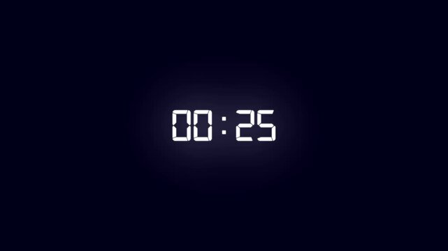 Digital countdown timer clock animation 30 to 0 second with glowing white led numbers on dark background, for motion clock minute stopwatch, analog clock animation.