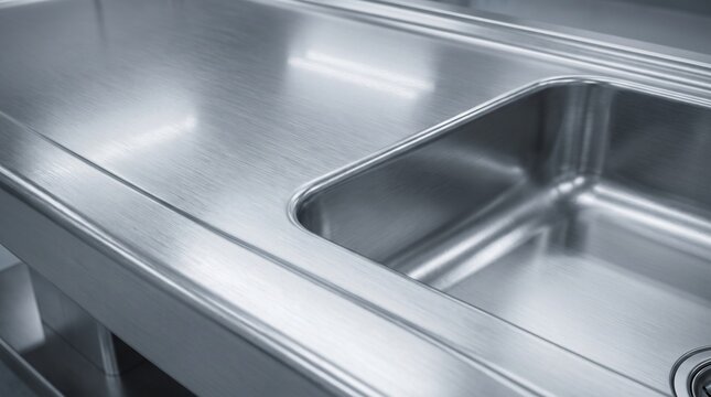 Photorealistic close-up of a stainless steel autopsy table surface and integrated drainage basin