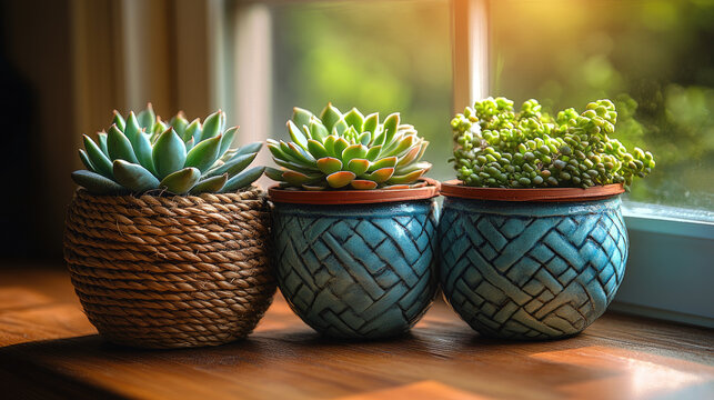 Three potted succulents on a windowsill, natural light, home decor, indoor plants, variety of textures and colors.