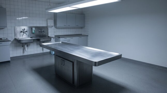 Empty stainless steel autopsy table in a sterile morgue room