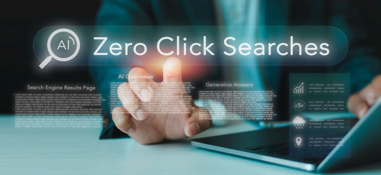 Businessman touching virtual search bar for AI zero click searches concept. Generative answers, AI overviews on search engine results page, digital marketing, and automated query.