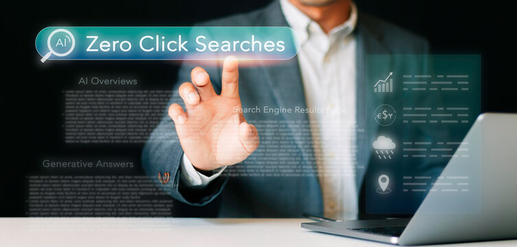 Businessman touching virtual search bar for AI zero click searches concept. Generative answers, AI overviews on search engine results page, digital marketing, and automated query.