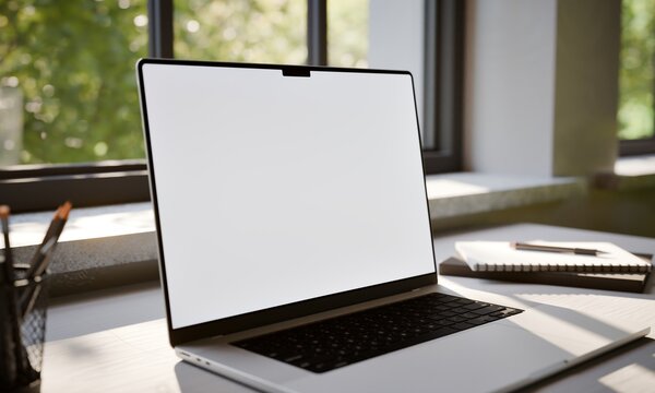  Laptop Blank Screen Mockup in Modern Workspace MInimalistic Office Desk