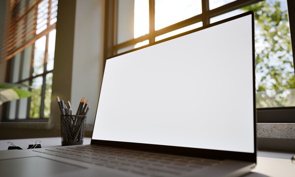  Laptop PC Blank Screen Mockup in Modern Workspace MInimalistic Office Desk