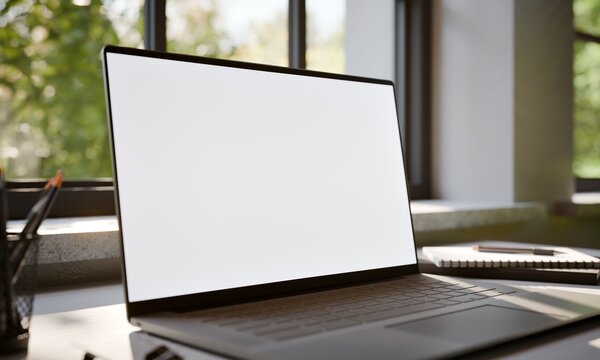  Laptop PC Blank Screen Mockup in Modern Workspace MInimalistic Office Desk