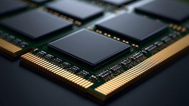 Close-up of computer RAM memory module with gold contacts. Symbolizes advanced technology and digital data processing.