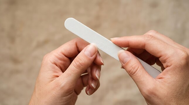 Close-up of a woman using a professional nail file for a home manicure, demonstrating proper nail file technique for healthy grooming and filing with a white nail file tool.
