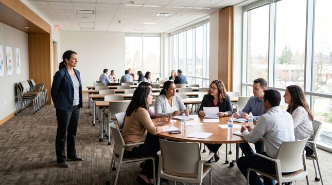Seminar group woman meeting classroom adult discussion training gathered in modern room with observer paper table chair window teamwork activity