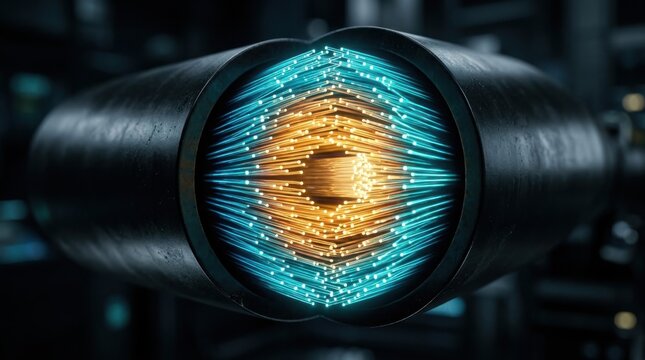 Glowing fiber optic cable cross-section for data transmission