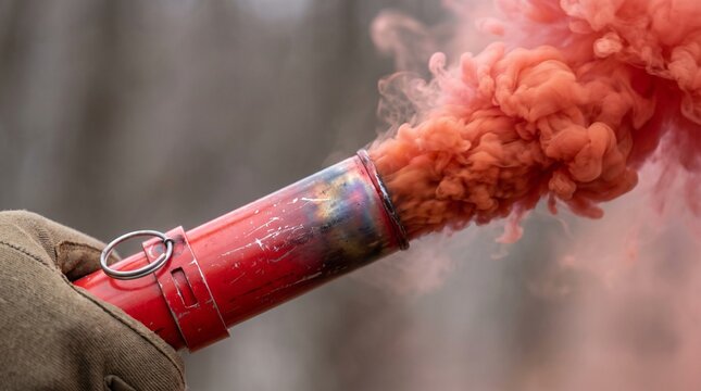 A handheld emergency flare producing thick red smoke