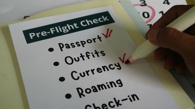 A person marking off items on a pre-flight travel checklist before a vacation.
