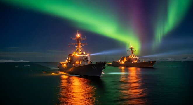 Two warship destroyers navigating arctic waters under the northern lights. Naval fleet in polar expedition with aurora borealis.
