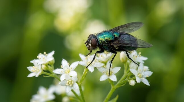 Metallic green blowfly perched on white flowers in a macro photo