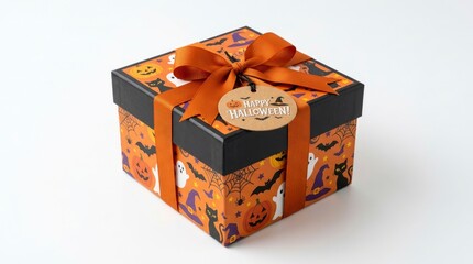Obraz premium Festive Halloween Gift Box with Orange Ribbon and Seasonal Pattern