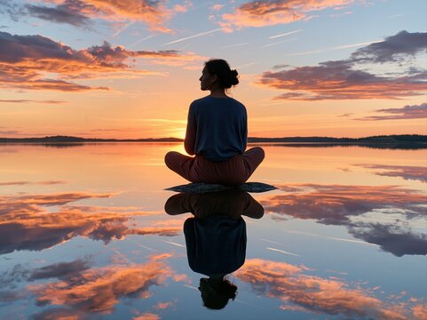 Person sitting on a rock by a lake during sunset with colorful clouds in the sky reflecting on the water