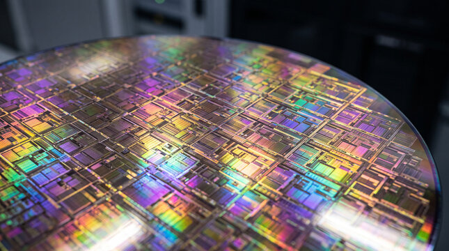虹色に輝くシリコンウェーハの回路パターン接写、ハイテク半導体産業の背景素材 / Extreme close-up of an iridescent silicon wafer with fine circuit patterns, high-tech semiconductor industry background material