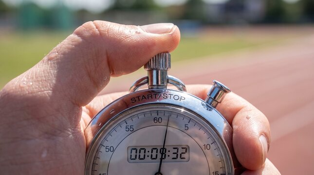 A polished silver stopwatch button, close-up sports timing scene