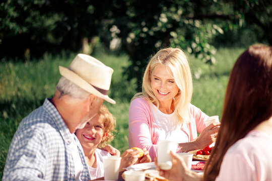 Family picnic with grandparents and granddaughter enjoying sunny outdoor meal and conversation in a green park