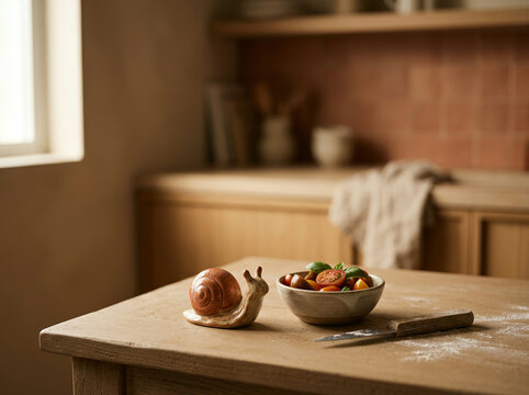 A ceramic snail figurine sits next to a bowl of cherry tomatoes on a wooden table in a rustic