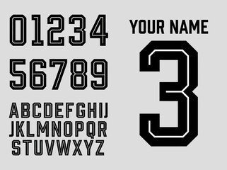 Athletic varsity font and number set for sports jersey design. © Bujiku