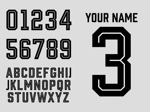 Athletic varsity font and number set for sports jersey design.