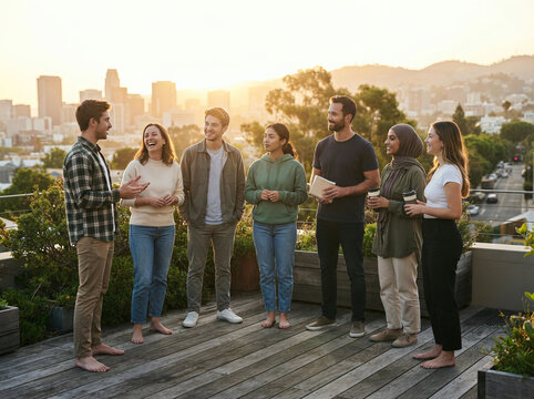 Diverse friends talking together on a rooftop terrace at golden sunset