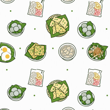 Seamless pattern illustration featuring traditional Indonesian food spread including tempeh mendoan fried egg pecel salad kerupuk crackers and polka dots on a pure white background