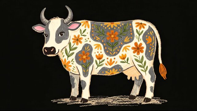 Animated folk art cow with floral patterns moving head on black background