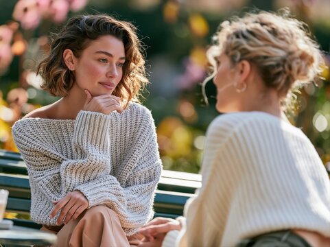 Two women talk while sitting on a bench in a park filled with colorful flowers during a sunny day