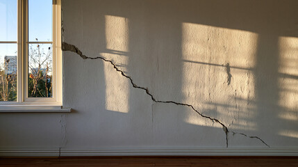 Obraz na płótnie Canvas Large diagonal crack on a white interior wall near a window. Symbolic image for home inspection and structural damage.