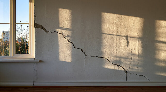 Large diagonal crack on a white interior wall near a window. Symbolic image for home inspection and structural damage.