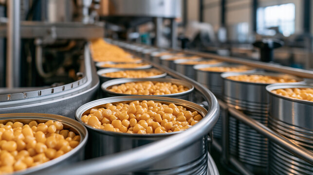 Canned corn kernels moving on an industrial conveyor belt. Represents automated food manufacturing and modern.