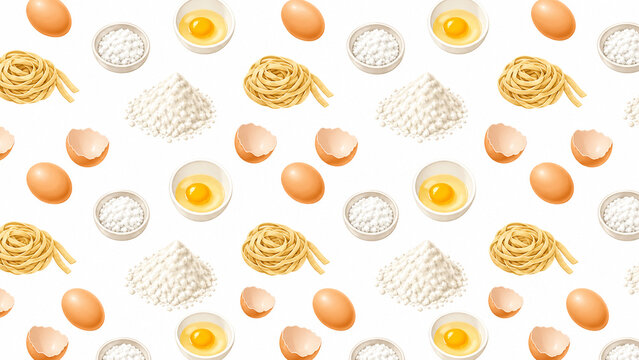 Seamless pattern with fresh homemade pasta ingredients flour eggs egg yolks and tagliatelle nests