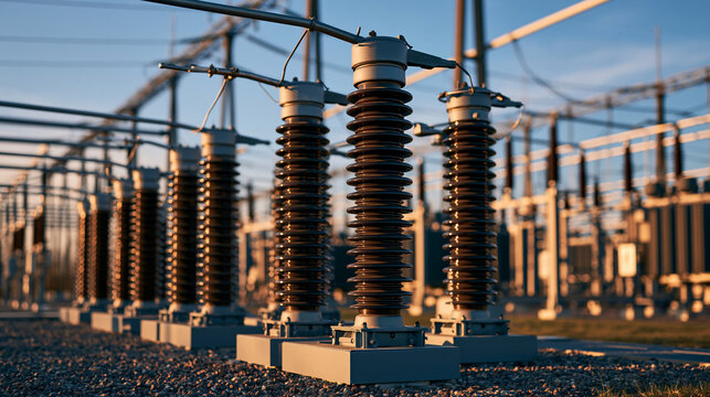High voltage insulators at an electrical substation during golden hour. Symbolizes energy infrastructure and grid.