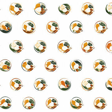 Seamless pattern with circular badges of Indonesian nasi sate chicken and rice