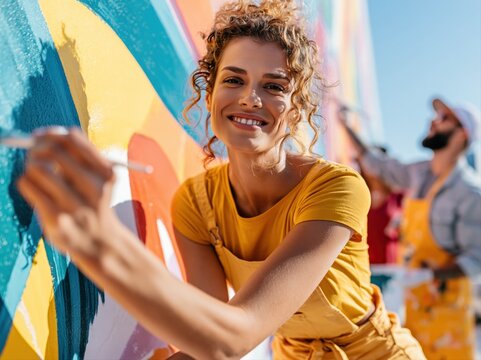 People paint a colorful mural on a wall during a community event in a city park on a sunny day